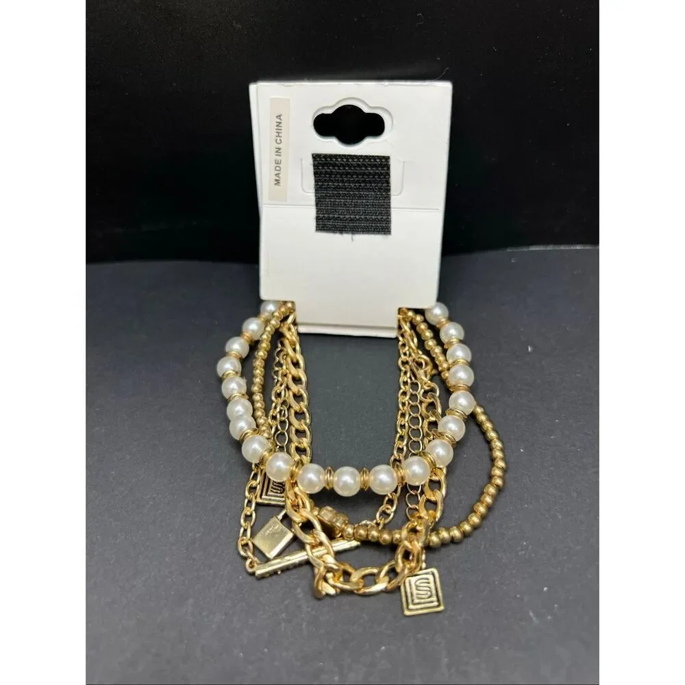 New Laundry by Shelli Segal Gold Toned Chain and Faux Pearl 4 Layering Bracelets